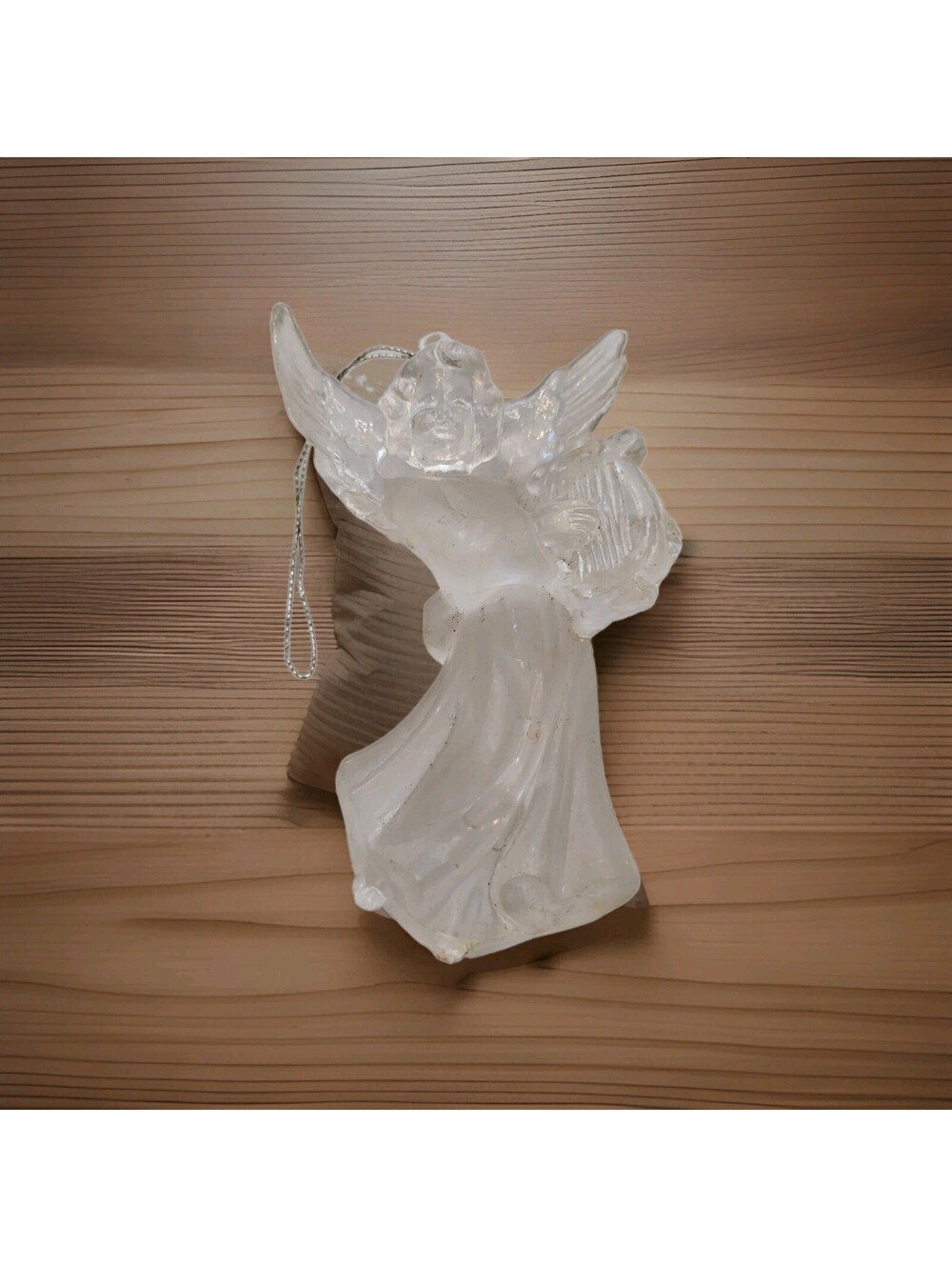 Vtg Acrylic Clear Angel W Wings Playing Harp Christmas Ornament 3" A86